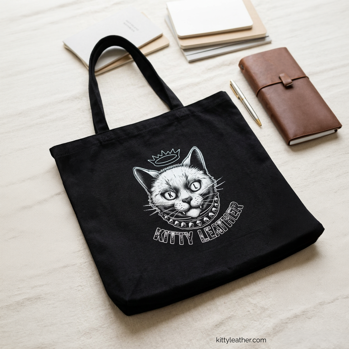 Kitty Leather Zipper Tote Bag | Crown Kitty Zippered Tote | Kitty Leather