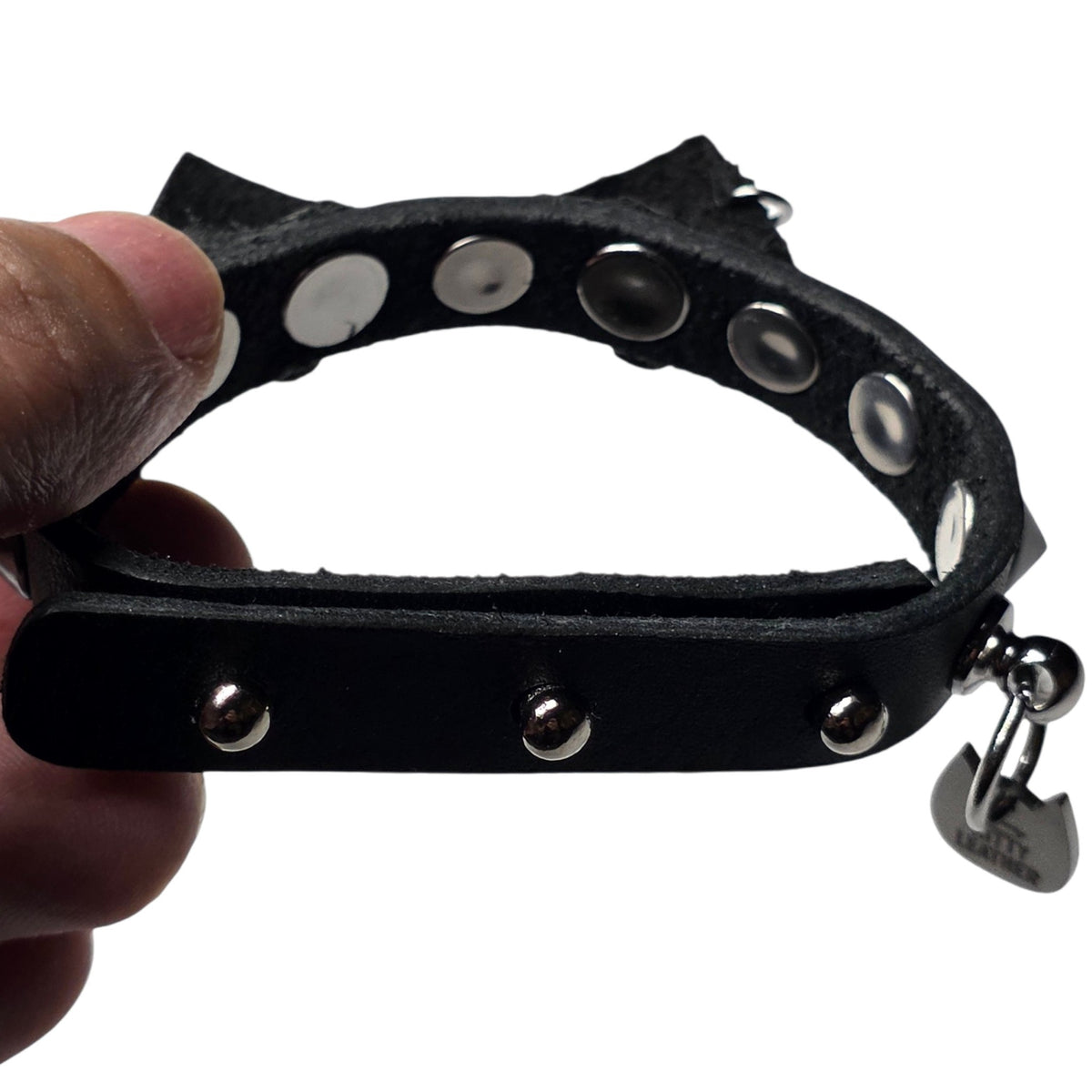 Handmade leather cat ear bracelet with steel cone studs, photo 5