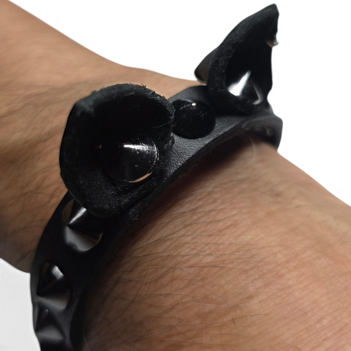 Handmade leather cat ear bracelet with steel cone studs, photo 4