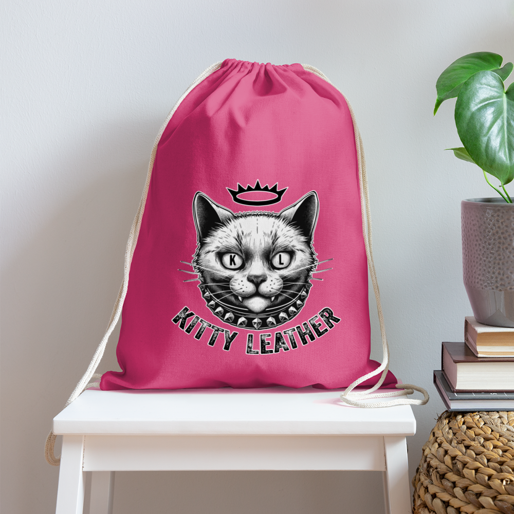 Kitty Leather Cotton Drawstring Bag - Crown Kitty - pink