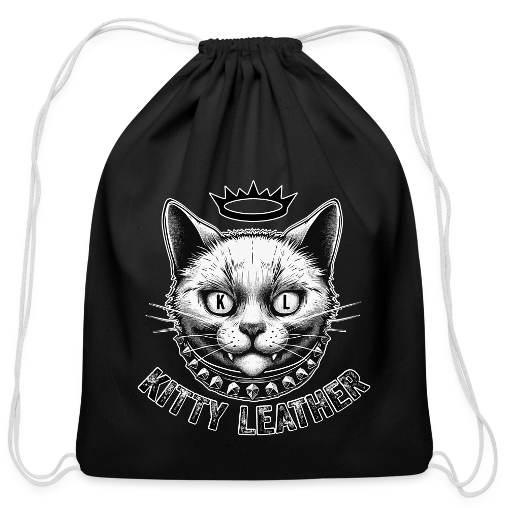 Kitty Leather Cotton Drawstring Bag - Crown Kitty - black