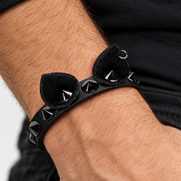 Handmade leather cat ear bracelet with steel cone studs, photo 9